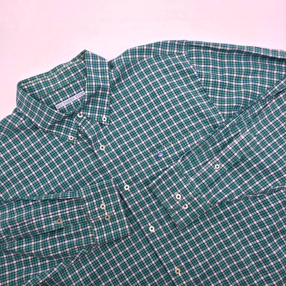 Southern Tide Mens XL Green Blue Plaid Button Down Shirt Skipjack Cotton Stretch